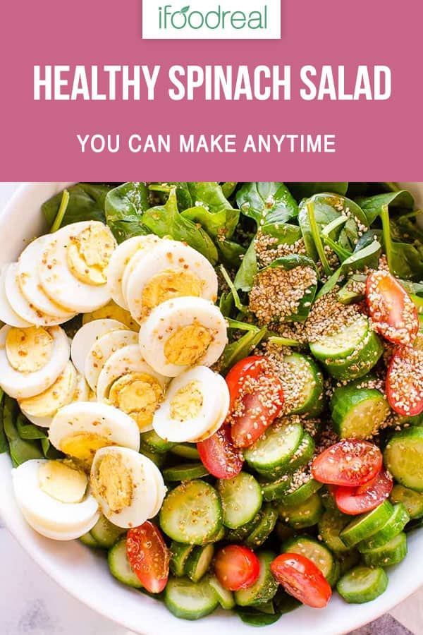 Simple spinach salad recipe with EASY healthy salad dressing you can make in 5 minutes. #ifoodreal #cleaneating #healthy #recipe #dinner #salad #spinach Easy Healthy Salad Dressing, Simple Spinach Salad, Easy Salads, Easy Meals, Spinach Healthy, Spinach Egg Salad, Arugula Salad, Avocado Salad, Salad Recipes For Dinner