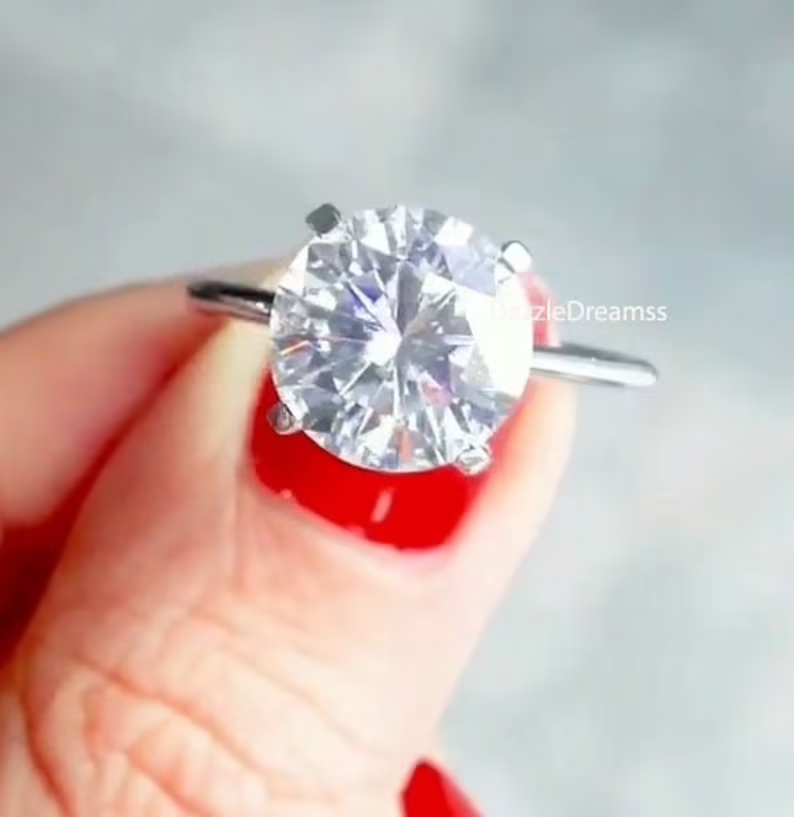 Huge 4 CT Brilliant Round Cut Moissanite Ring Solitaire | Etsy Real Engagement Rings, Round Solitaire Engagement Ring, Yellow Gold Engagement Rings, Simulated Diamond Rings, Diamond Promise Rings, Diamond Wedding Rings, Simple Diamonds, Natural Diamonds, Round Diamonds