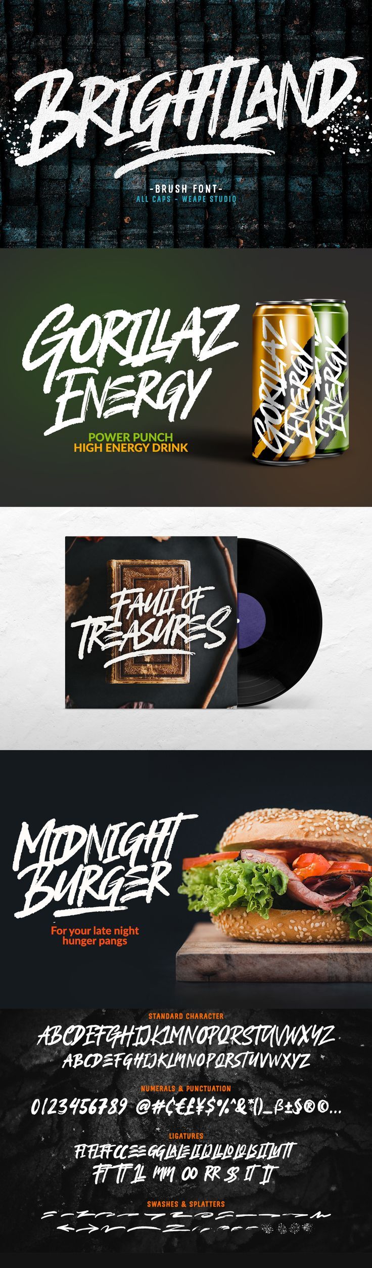 Brightland is brush font bursting with natural rough dry brush strokes, and the stroke of hand sharp and quickly. You can use and enjoy Brightland, for anything from promotional material and handwritten quotes, to product packaging, merchandise and branding projects Hunger Pang, Handwritten Quotes, Brush Font, Dry Brushing, High Energy, Cool Fonts, Brush Strokes, Energy Drinks, Product Packaging