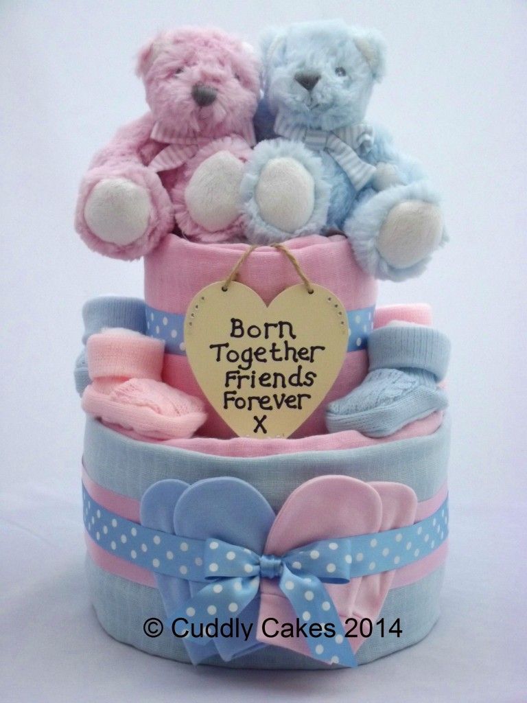 Boy Girl Twins Two Tier Nappy Cake Crafty Magpie Baby Shower Gifts For Boys Baby Nappy Cakes Baby Shower Crafts