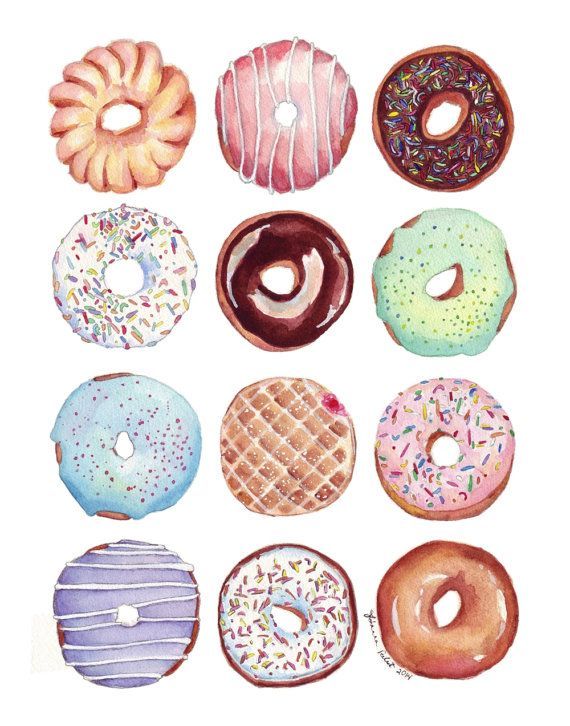 Berliner Kunst-Druck - klassische Dutzend Donut 8 x 10 Print - Feinschmecker Home Decor - Food Illustration Aquarell Kunstdruck, 8 x 10