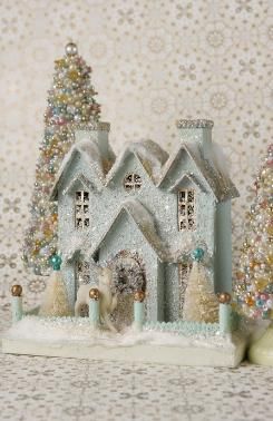 Set of 3 Cody Foster Christmas Village Ivory Glitter Trees 4/"-10/" Tall
