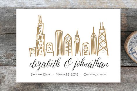 chicago skyline customizable save the date postcards in brown by
