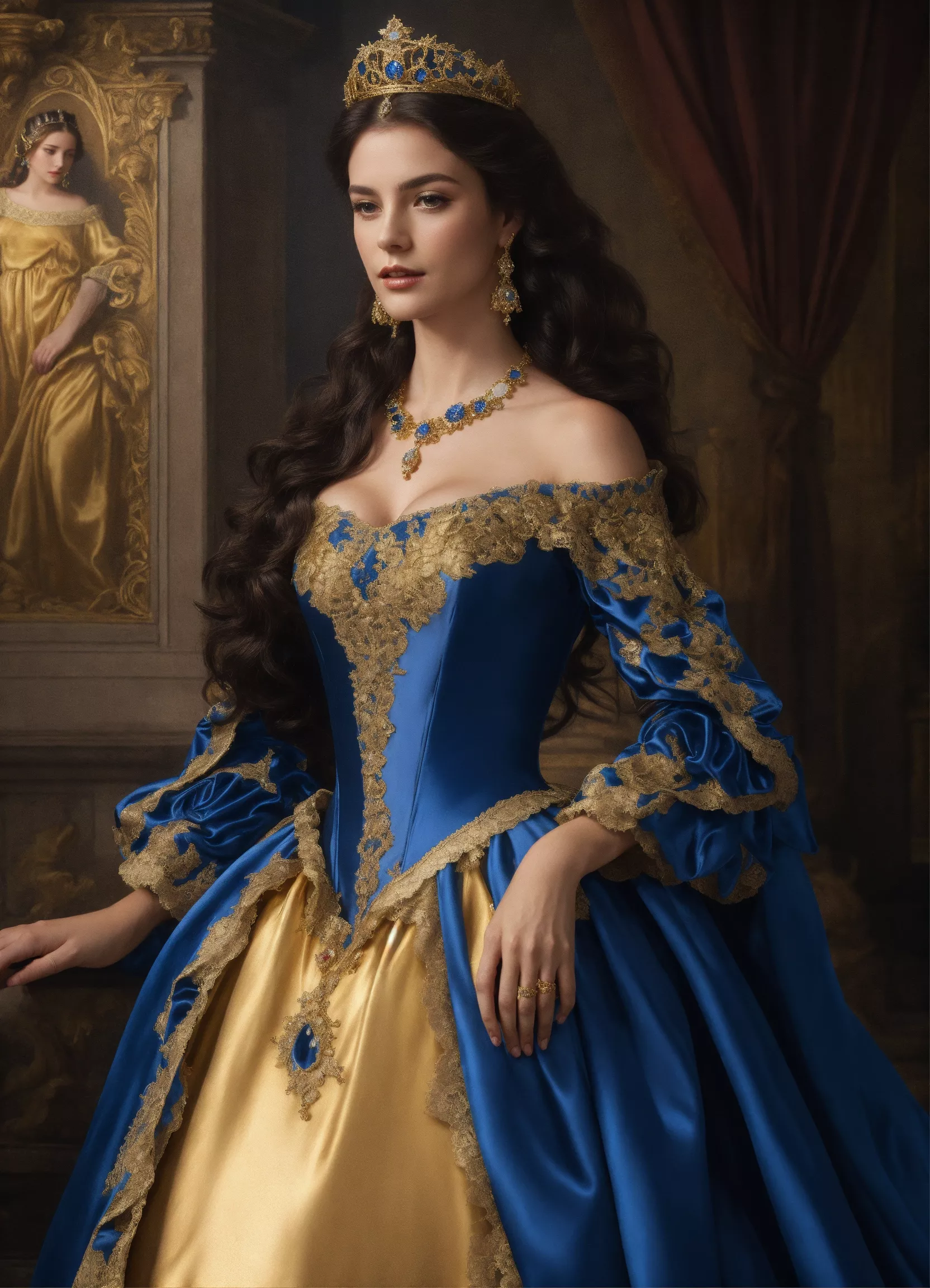 Lexica - Head and shoulders Photorealistic beautiful queen in Renaissance blue-and-gold satin gown, ruffles and lace, full long dark hair, jewelry, t...