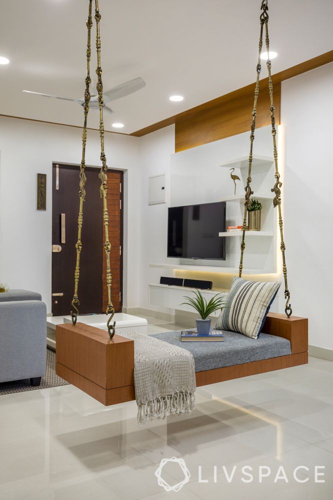 false ceiling-wooden laminate ceiling-L-shaped sofa-jhoola-tv unit Living Room Partition Design, Room Partition Designs, Ceiling Design Living Room, Home Room Design, Living Room Designs, House Design, Wall Design, Wooden Ceiling Design, Ceiling Design For Home