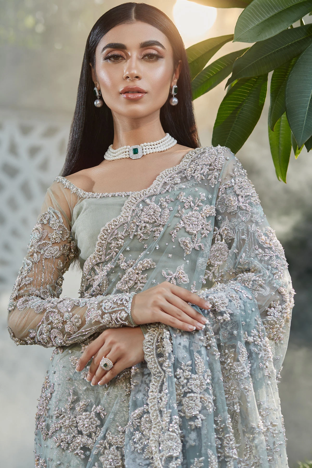 Lace bridal saree with heavily embellished scalloped palu and pleats. Net blouse with fully embellished sleeves and neckline detailing. Embellished with crystals, sequin, zardozi and embroidery. Paired with silk brocade lehenga. Customisation* available for: Base colours Sleeve length Choli length Neckline *Limited to Desi Wedding Dresses, Pakistani Wedding Outfits, Pakistani Bridal Dresses, Saree Wedding, Bridal Outfits, Nikkah Dress, Bridal Sarees, Wedding Wear, Dream Wedding