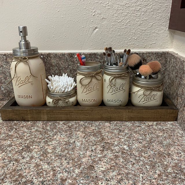 Mason Jar Bathroom Set, Painted Mason Jars, Mason Jar Decor, Bathroom Decor, Bathroom Storage, Rustic Decor, Housewarming Gift, 5 Piece #masonjarbathroom
