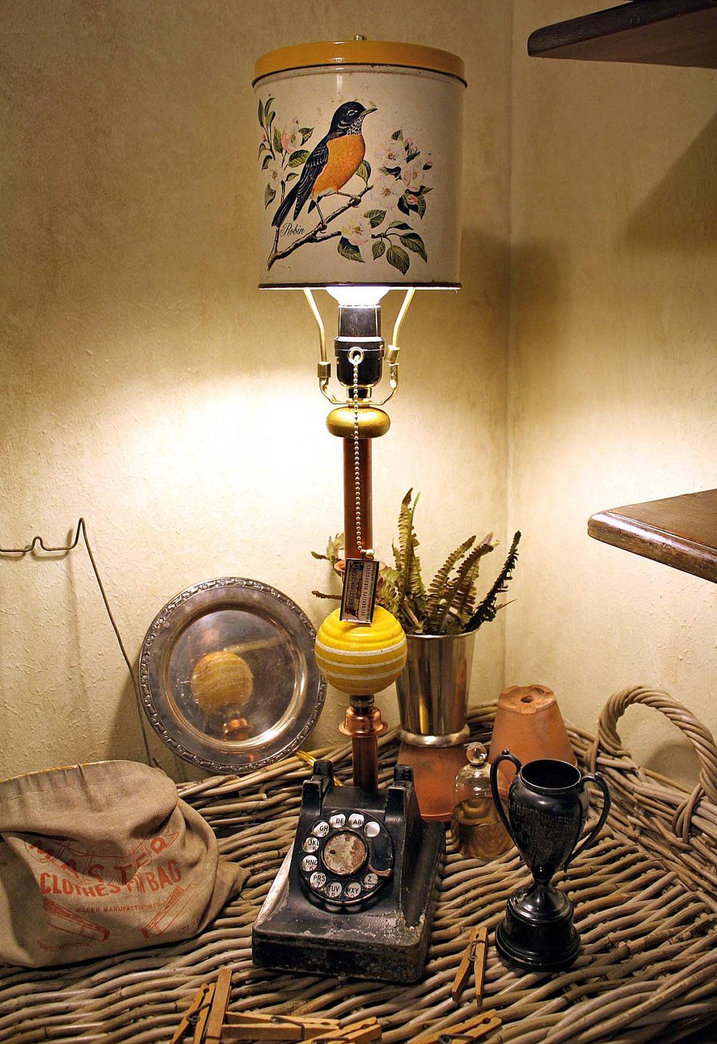 upcycled lamp with vintage black telephone and robin bird tin canister light fixture of found objects lamp diy lamp repurposed repurposed light fixtures on upcycled lamp with vintage black telephone and robin bird tin canister light fixture of found objects lamp diy lamp repurposed pinterest