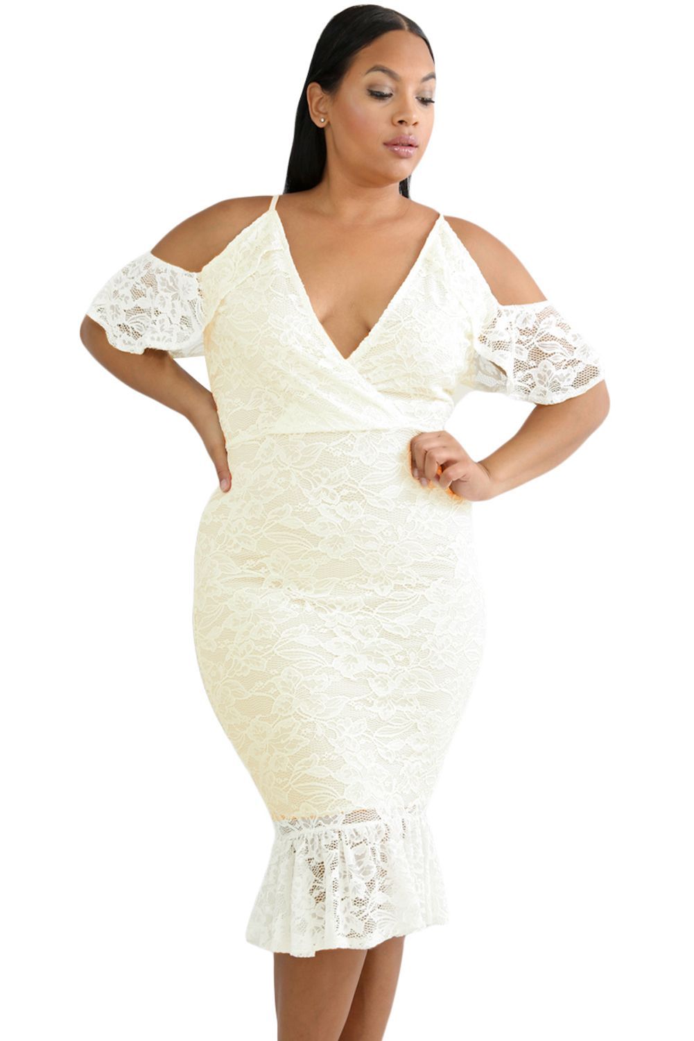 Figurbetonte Kleider kurvig White Cold Shoulder Lace Plus Size