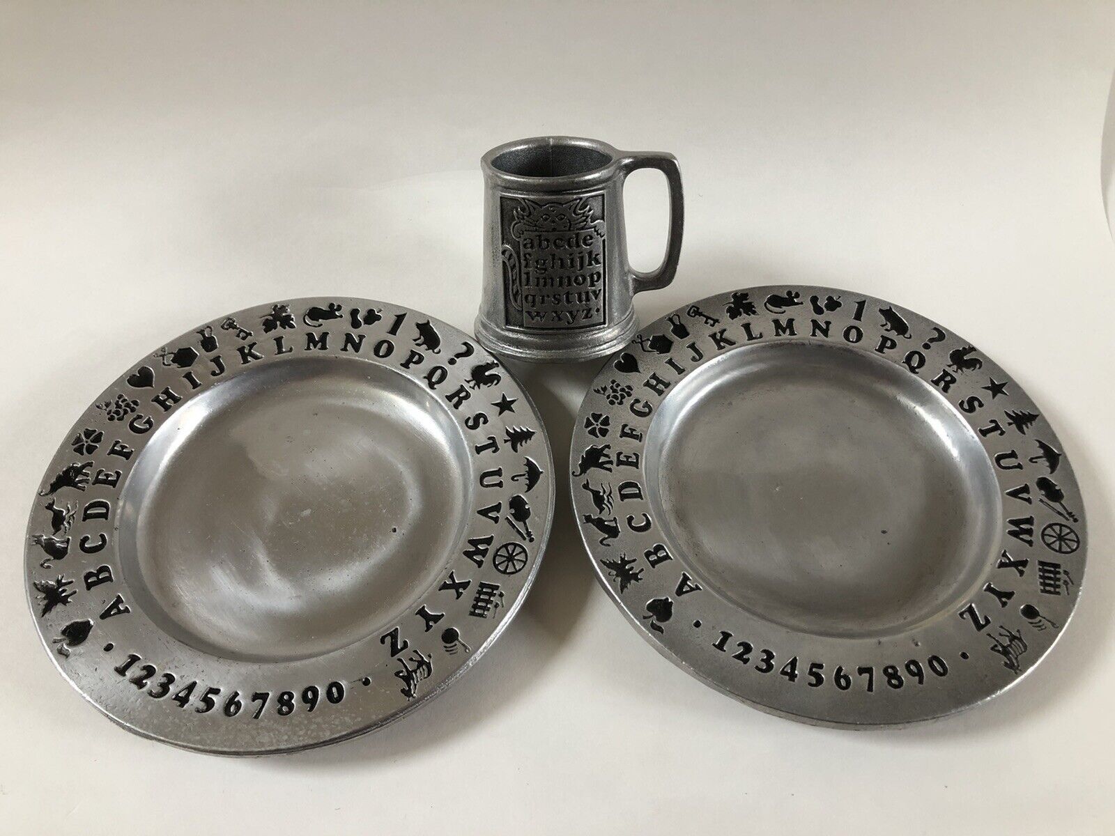 York Metalcrafters Pewter Childrens 8 Plates And Cup Alphabet ABCs york-metalcrafters-pewter-childrens-8-plates-and-cup-alphabet-abcs