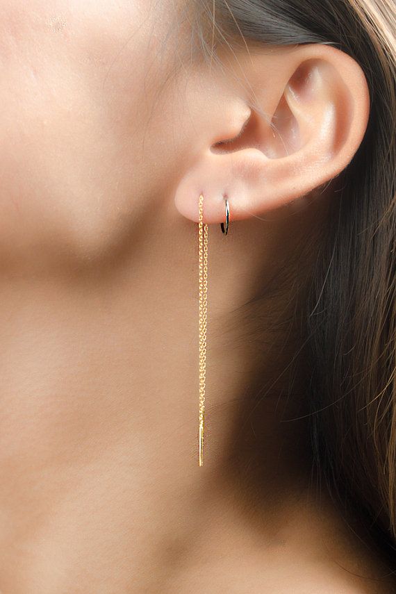 Long Chain Earrings Yellow Gold Threader Delicate Long Chain Earrings Yellow Gold Threader Delicate Stick Minimalist Edgy Jewelry Hand Made Gift For Mom Ea023