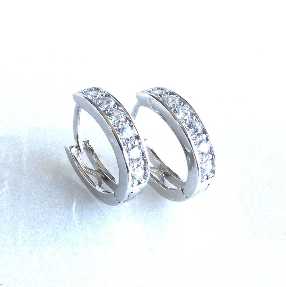 Huggie Hoop Earrings Simulated Diamond White Gold Plated Oval 15mm