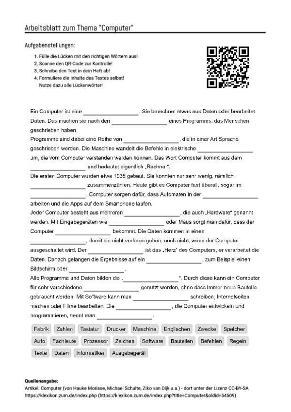 Arbeitsblatt mit Lückentext zum Thema