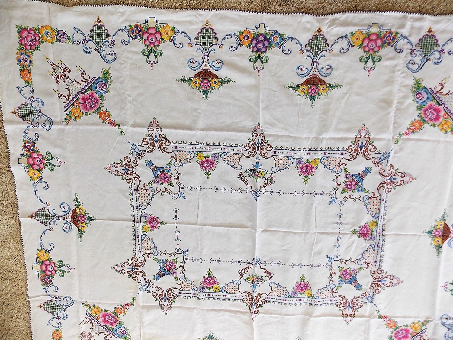 Cross Stitched Tablecloth, Vintage Hand Embroidered, Cross Stitched