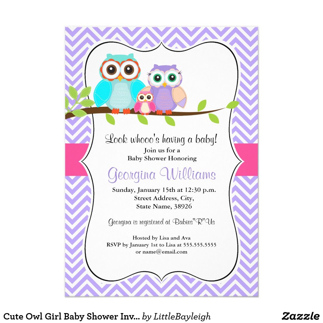 Pink Baby Owl Design Customised Printable Girl Baby Shower Invite