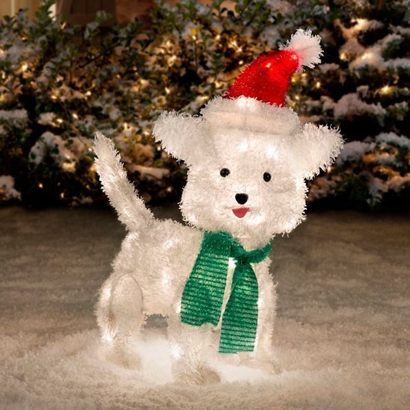 24" Adorable Fuzzy Pre Lit White Puppy Dog Outdoor