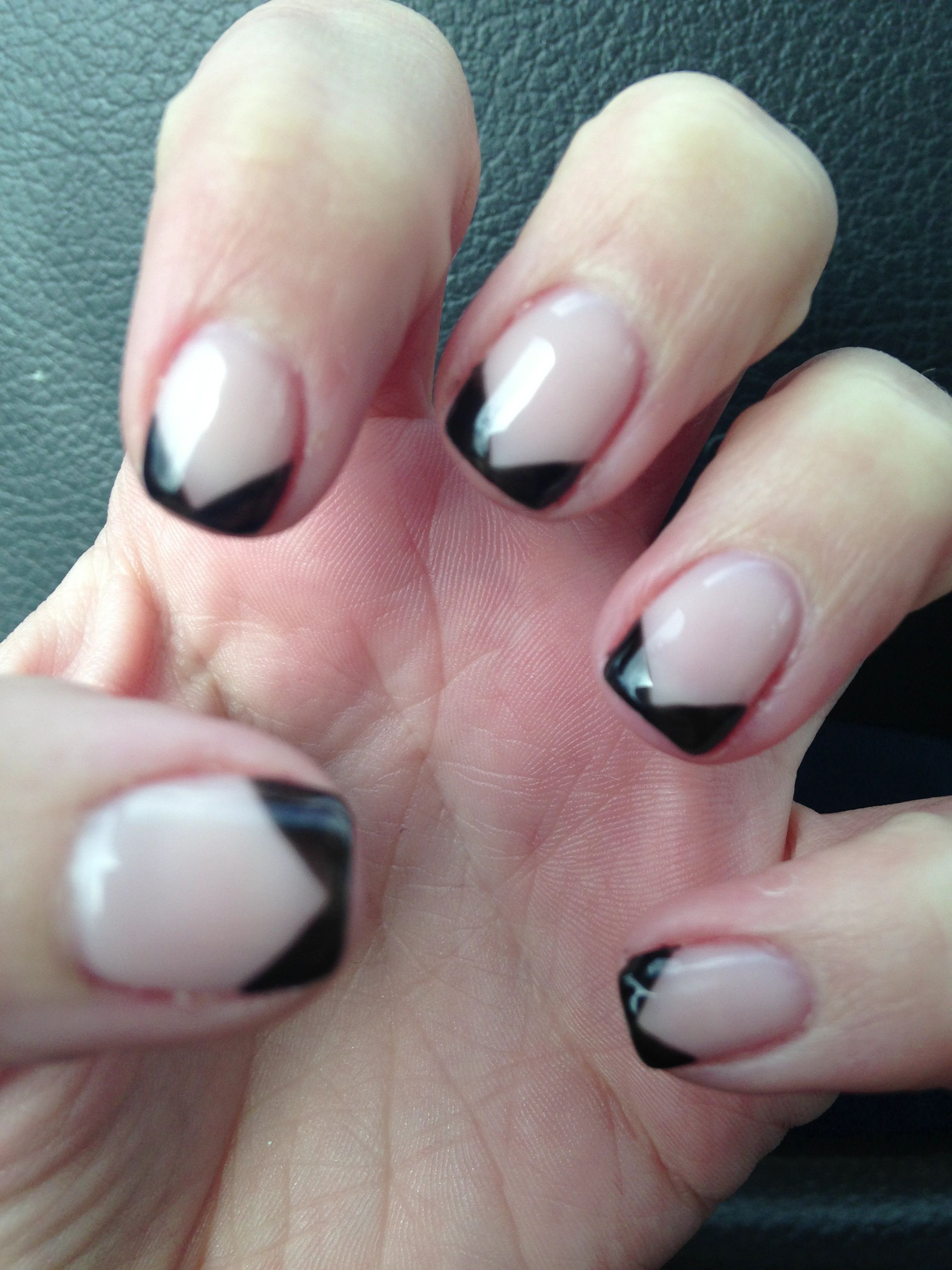 Modern French tip shellac with bubble bath and black! Fake nails long
