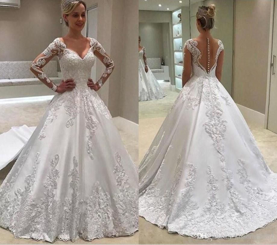 Elegant Long Sleeves Plus Size Ball Gown Lace Appliques Satin Wedding