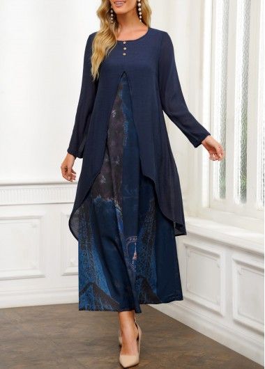 Size:XL;Size:L;Size:M;Color:Navy;Size:S;Neckline:Round neck;Package Contents:1 X Dress;Color Scheme:Blue;Sleeve's Length:Long Sleeve;Washing Instructions:Hand Wash /Machine Washable;Decoration:Faux Two Piece;Season:Autumn;Dress Length:Mid Calf;Composition:95% Polyester, 5% Spandex;Occasion:Staycation;Pattern Type:Print;Style:Casual;Silhouette:High waist; Lace Summer Dresses, Dresses To Wear To A Wedding, Modest Dresses, Dresses With Sleeves, Casual Dresses For Teens, Dresses Casual Winter, Dresses For Work, Long Black Bodycon Dress, Sexy Backless Dress