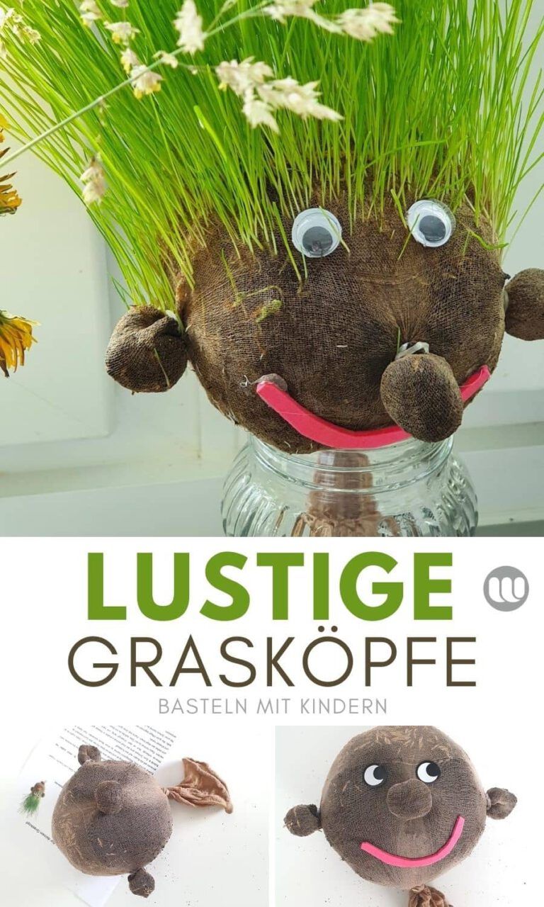Lustige Grasköpfe basteln: Bastelanleitung für Kinder