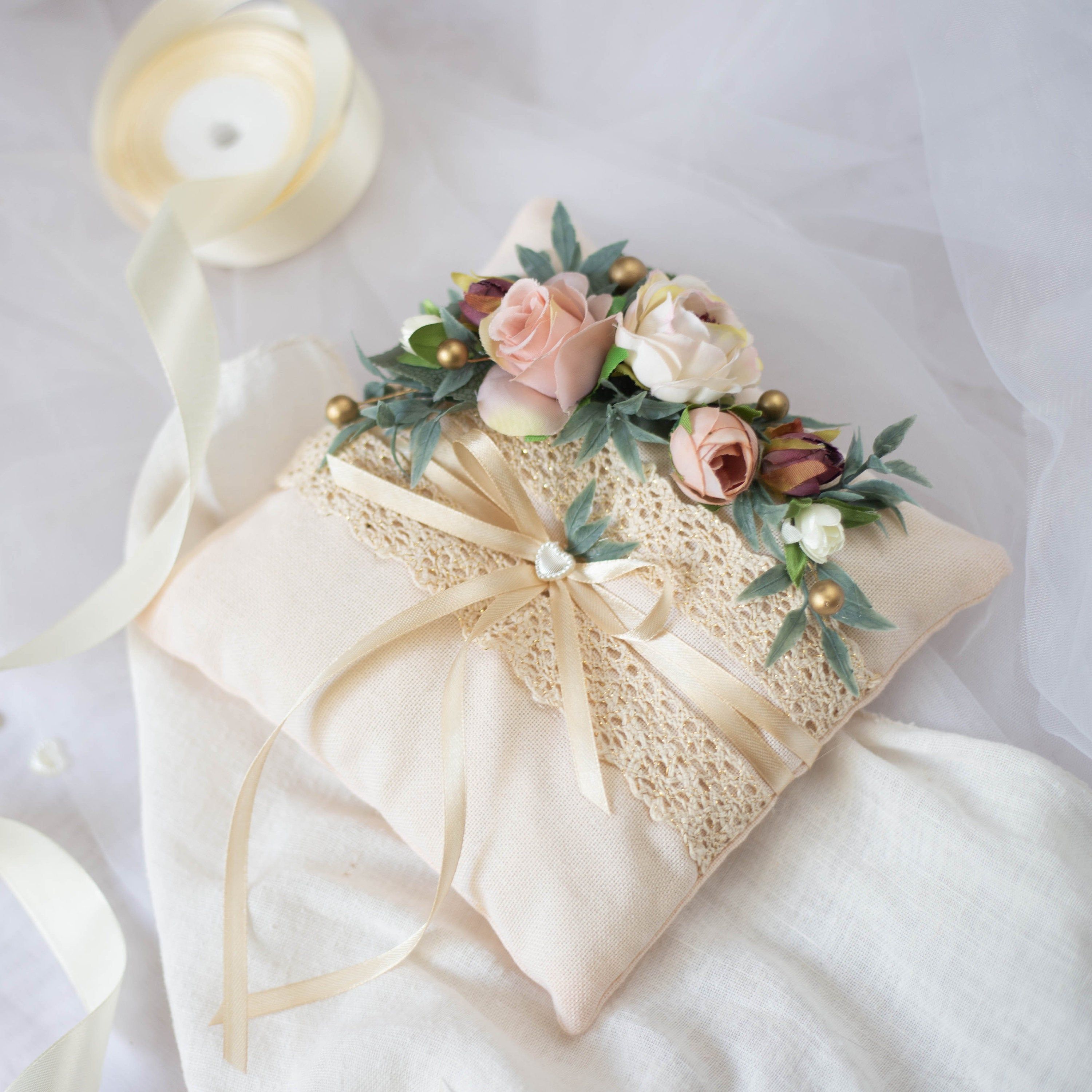 Choose White or Ivory Wedding Accessories Ring Bearer Pillow Handmade ROSE in Coral