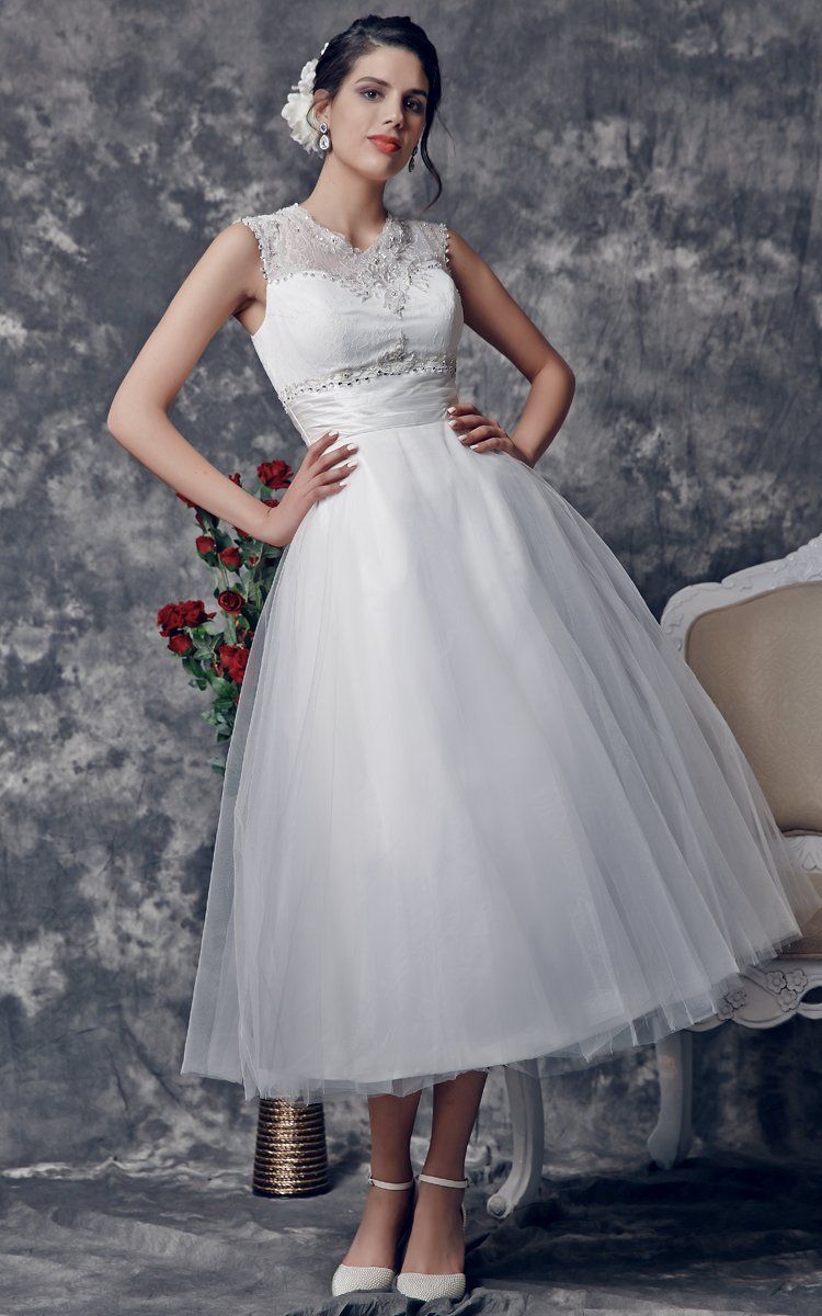 Vintage Tea-Length Wedding Dress with Illusion Back-ZP_706165 | Tea