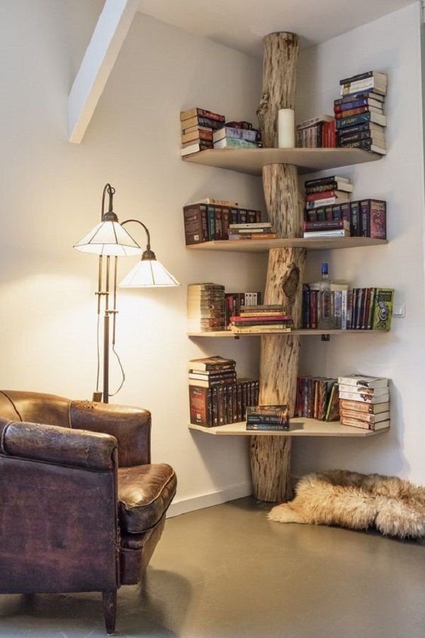 Inspirational Interior Design Ideas for Living Room Design, Bedroom Design, Kitchen Design and the entire home. Home Designing Blog Magazine covering Tree Bookshelf, Corner Bookcase, Rustic Bookshelf, Bookshelf Design, Tree Shelf, Corner Wall, Creative Bookshelves, Corner Space, Corner Unit