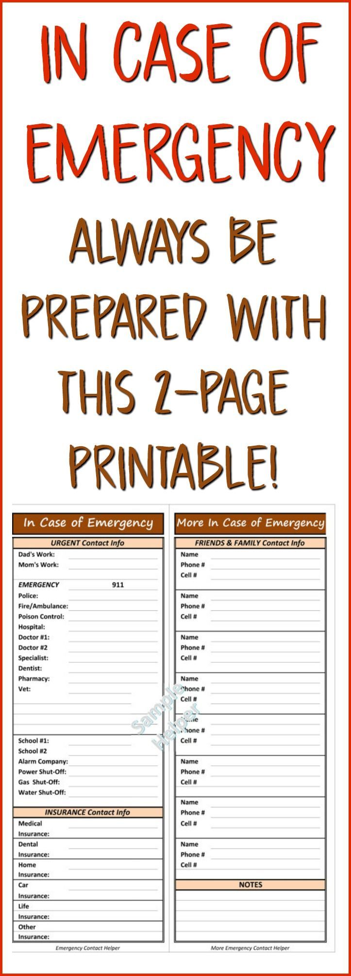 In Case of Emergency Helper Printable Emergency Contact