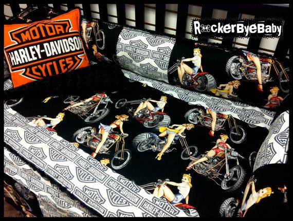 Custom Motorcycle Biker Baby 4 Piece Mixed Prints Crib Bedding Set Custom Motorcycle Biker Baby 4 Piece Mixed Prints Crib Bedding Set Fabric Pinup Bikes Flames