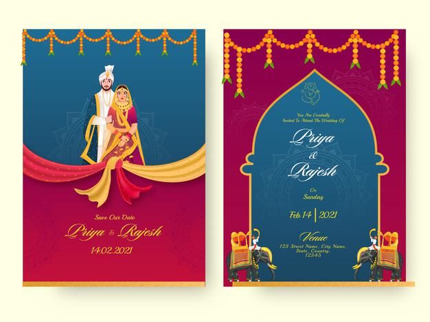 Indian wedding invitation card template ... | Premium Vector #Freepik #vector #wedding #character #invitation-card #celebration Wedding Invitation Card Quotes, Wedding Invitation Card Template, Wedding Invitation Templates, Floral Invitation, Wedding Templates, Invite, Indian Wedding Couple, Indian Wedding Cards, Traditional Wedding Invitations