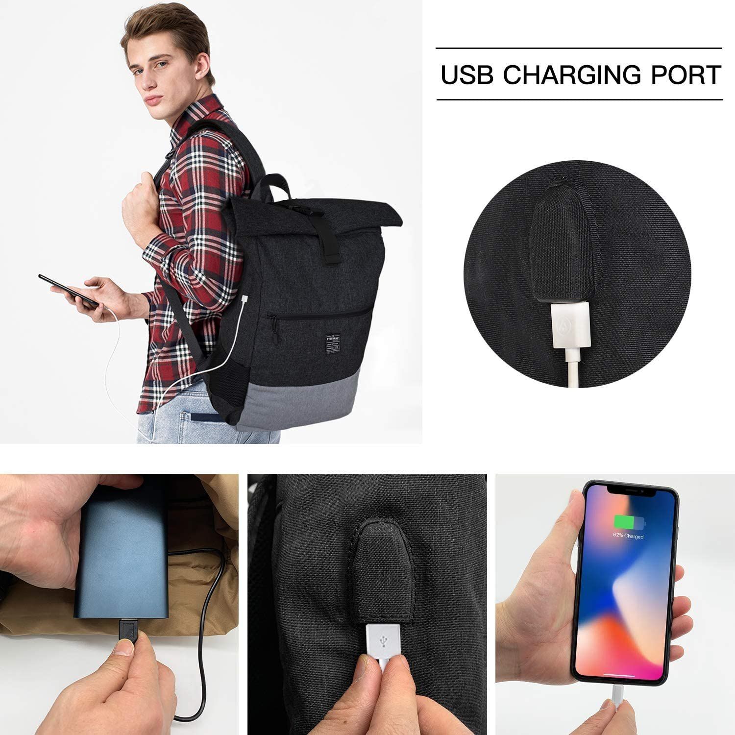 Stilvolle Schultasche mit USB-Ladebuchse Damen & Herren Roll Top Wasserdichter Wanderrucksack Leichtgewichtiger Freizeit-Rucksack EverVanz Laptop-Rucksack Stilvolle Schultasche mit USB-Ladebuchse Damen & Herren Roll Top Wasserdichter Wanderrucksack Leichtgewichtiger Freizeit-Rucksack EverVanz Laptop-Rucksack