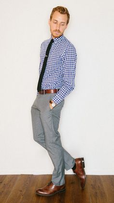 tan shirt grey pants