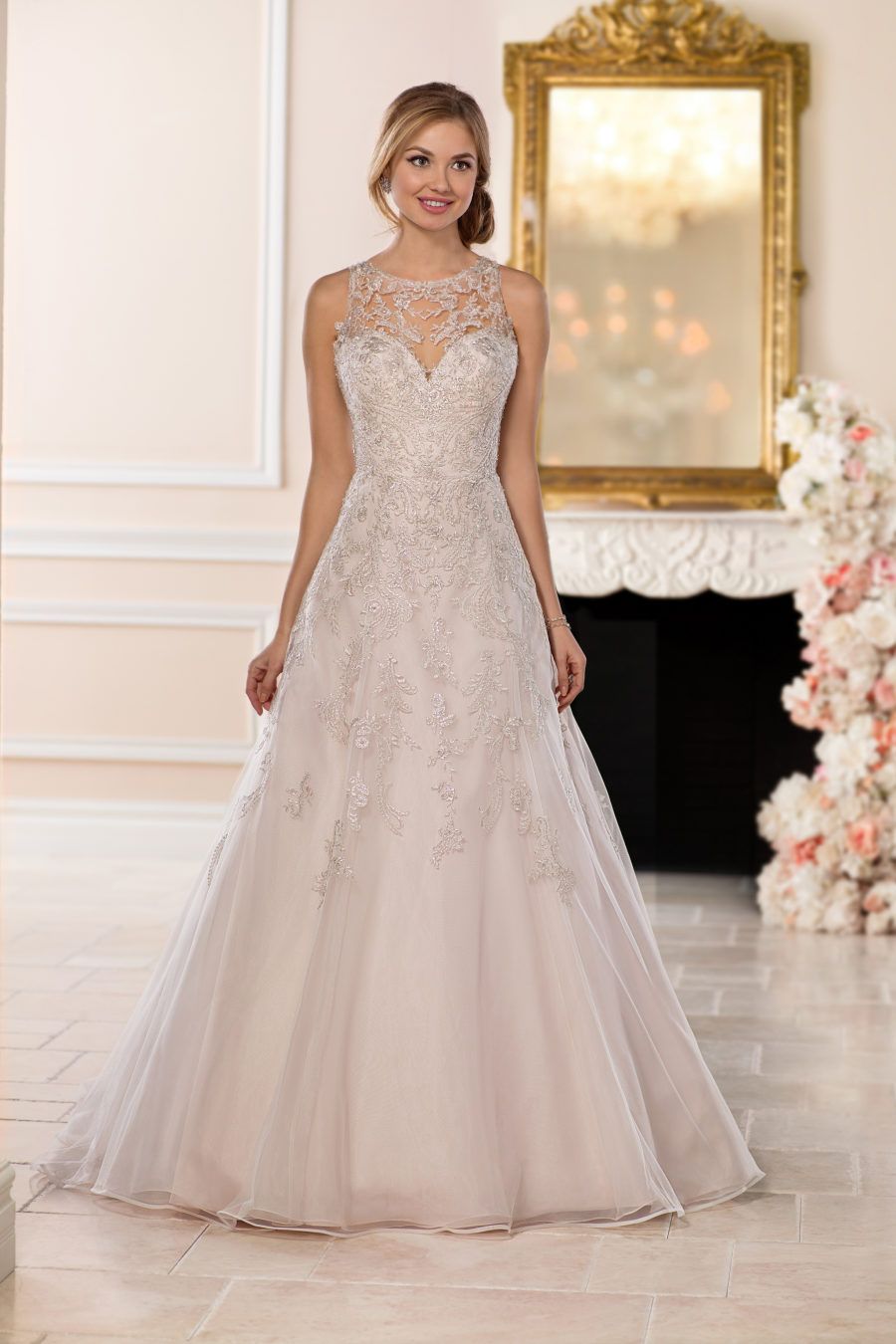 Beaded Ivory Lace Tulle Illusion Buttons Back Wedding