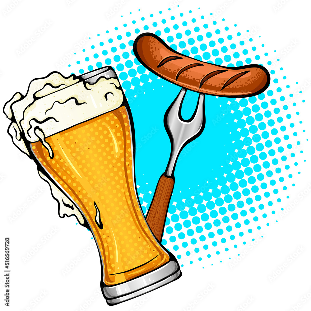 Vector Colored Illustration With A Glass Of Beer And A Sausage On A Vector Colored Illustration With A Glass Of Beer And A Sausage On A