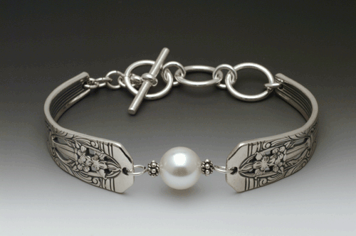 Spoon Bracelet With Pearl Made From Silverware Handles Jewels Spoon Bracelet With Pearl Made From Silverware Handles