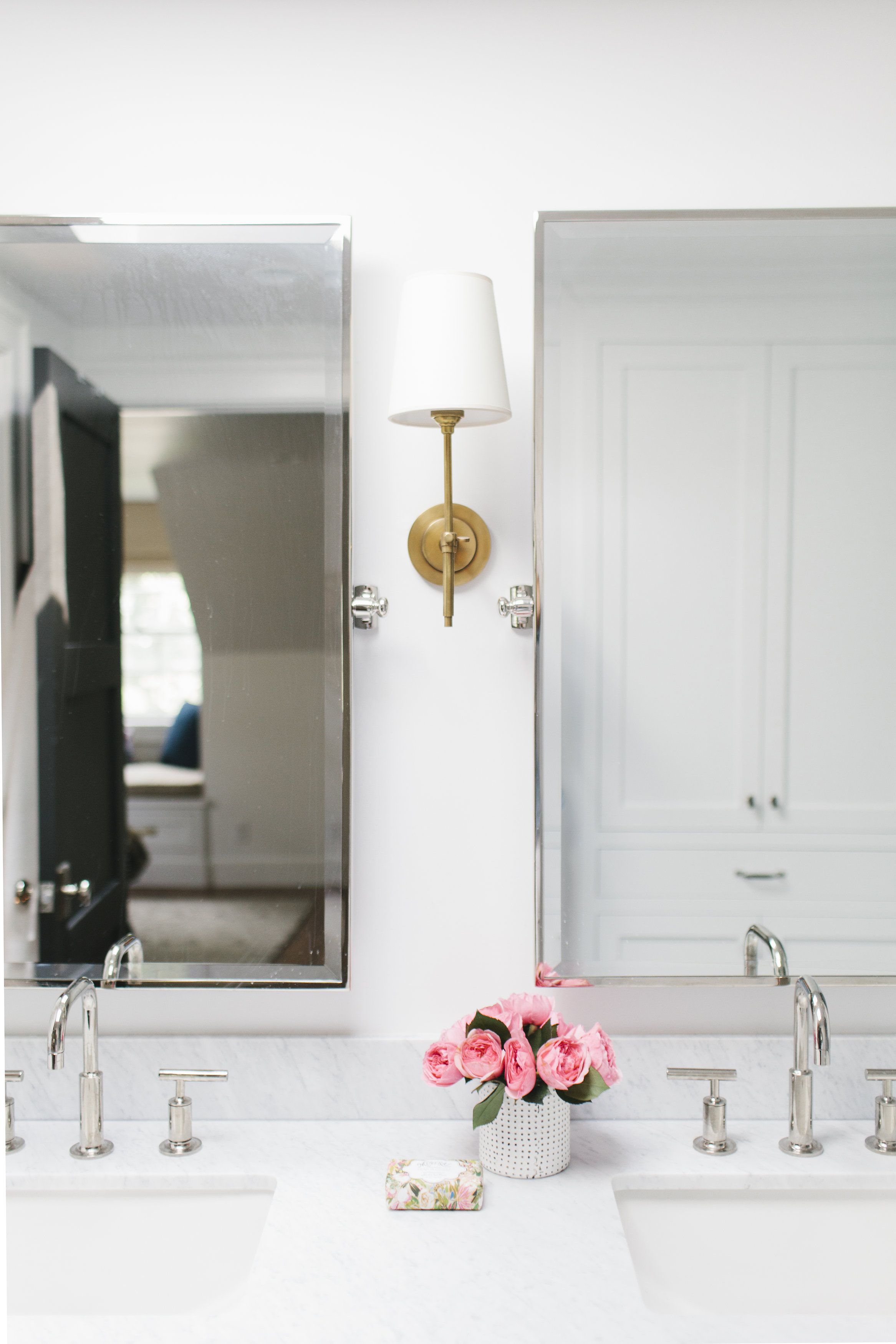 Beautiful Bathroom Boasts A Freestanding Walnut Dual Vanity With Shelf Beautiful Bathroom Boasts A Freestanding Walnut Dual Vanity With Shelf