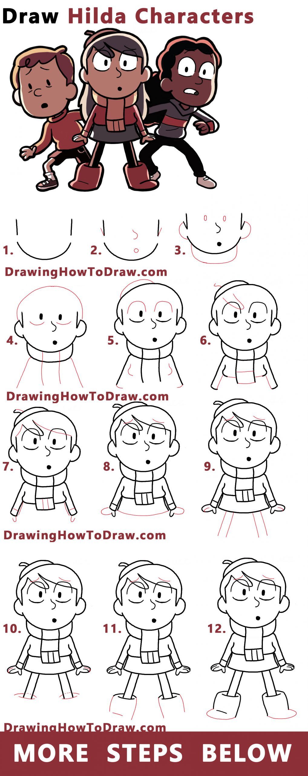 How to Draw Hilda Characters Hilda David and Frida Easy Step by