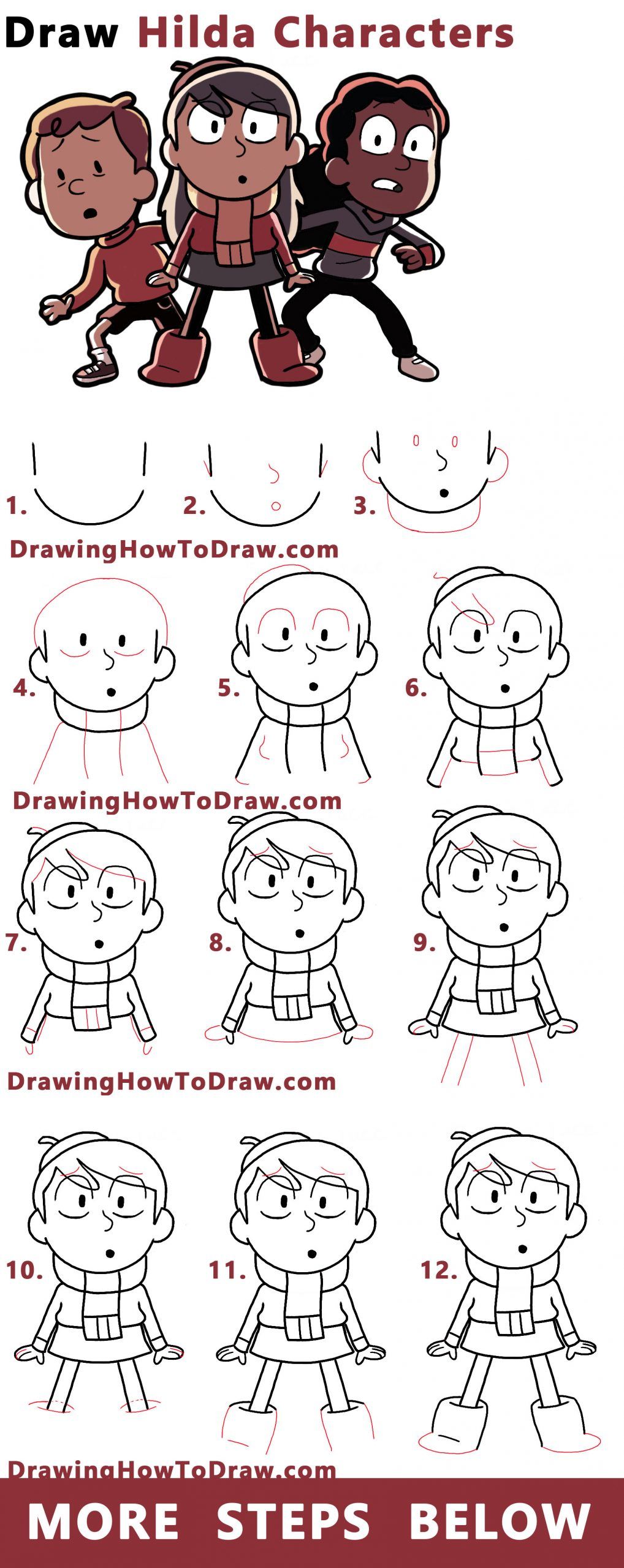 How to Draw Hilda Characters (Hilda, David, and Frida) Easy Step by Step Drawing Tutorial for Kids