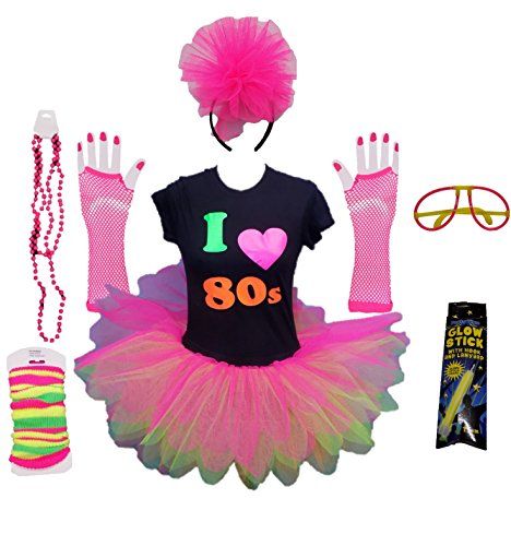 NEON FISHNET GLOVES NEON BEADS 1980/'S PUNK FANCY DRESS COSTUME ACCESSORY SET