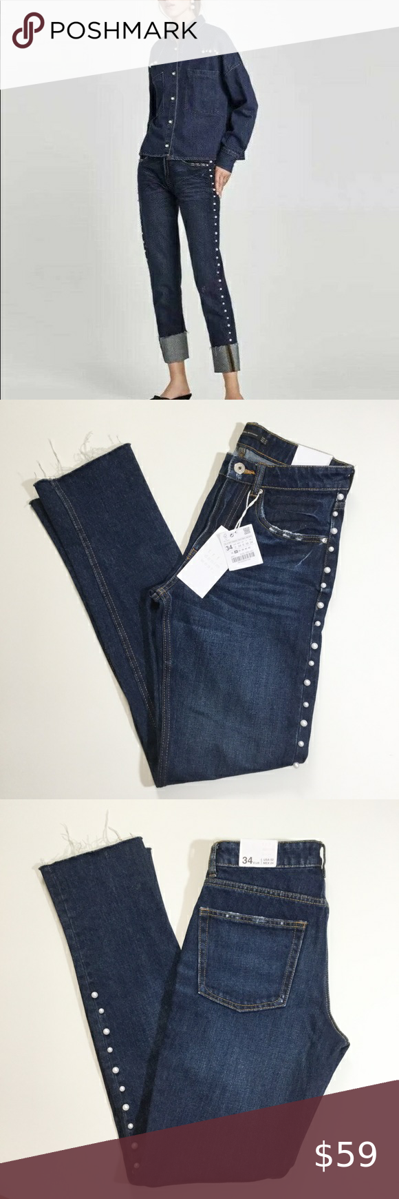 ZARA Trafaluc Faux Pearl Denim Jeans NWT NWT ZARA trafaluc faux pearl studded distressed denim