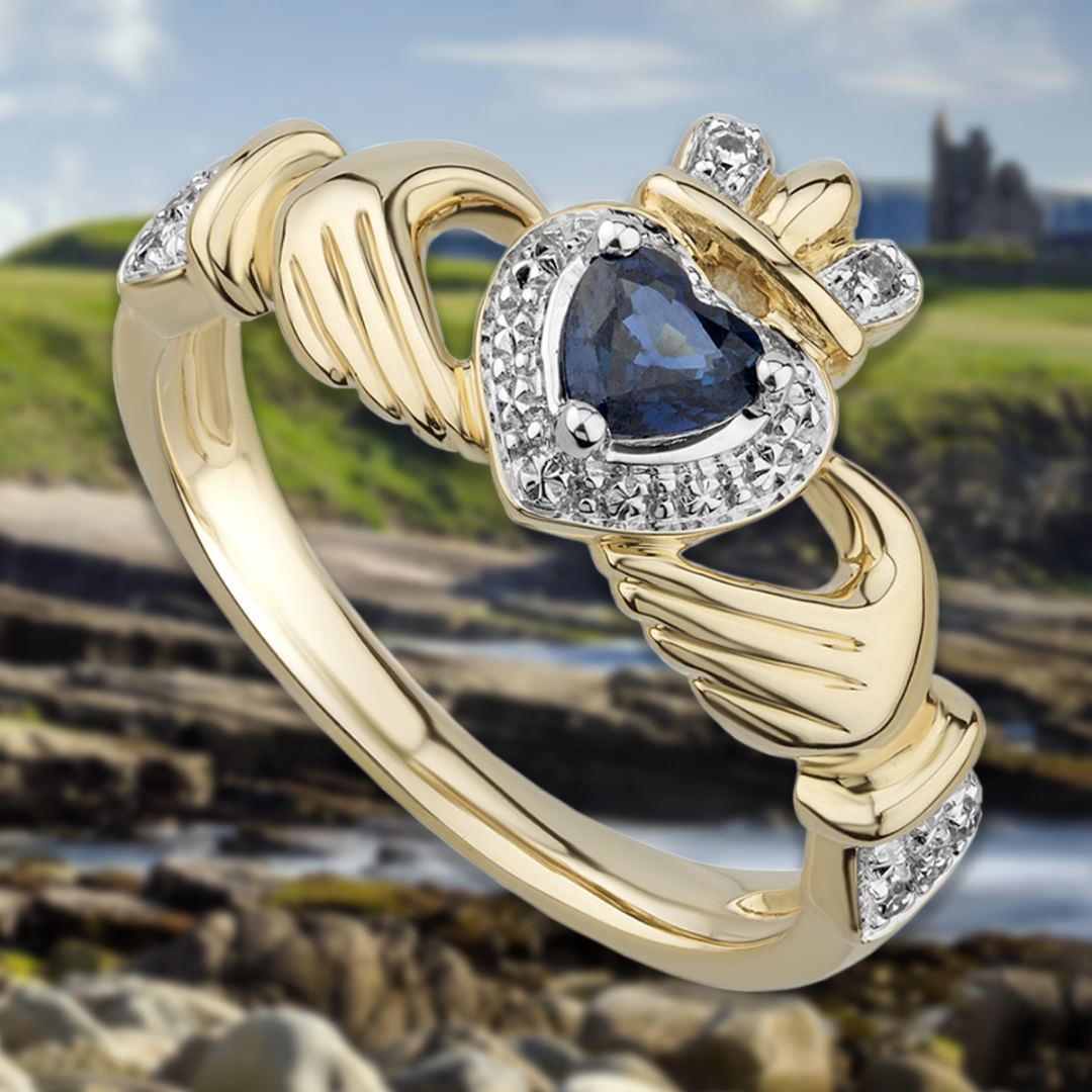 Irish Rings 14k Gold Sapphire & Diamond Ladies Claddagh