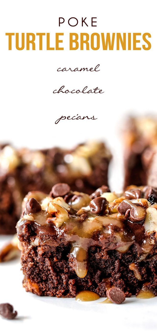 Just when you thought brownies couldn’t get any better – introducing crazy moist Poke Turtle Brownies seeping with pockets of caramel, infused with Kirkland Signature Pecan Halves, 2 Pounds">pecans an 13 Desserts, Delicious Desserts, Dessert Recipes, Yummy Food, Dinner Recipes, Turtle Brownies, Turtle Cookies, Brownie Recipe Video, Brownie Recipes
