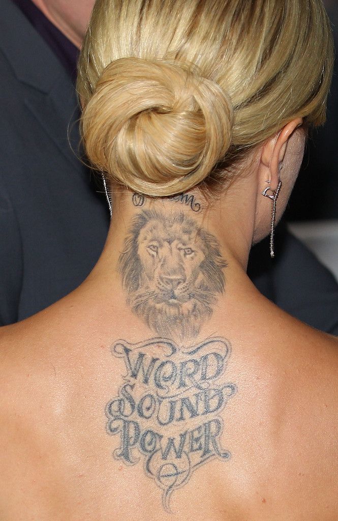 Hollywood Stars With Tattoos Mena Suvari Lion Tattoo On Back Neck Tattoosartdesigns Com Celebr Celebrity Tattoos Women Back Of Neck Tattoo Celebrity Tattoos