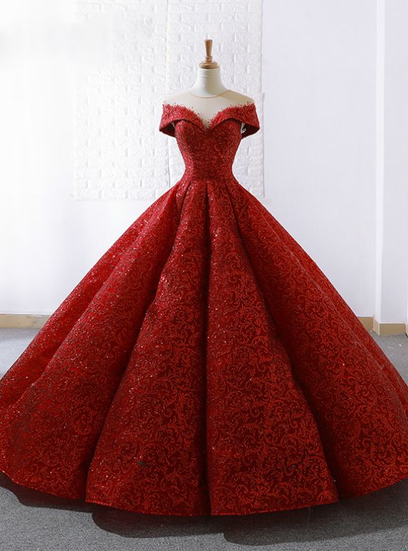 Red Lace Ball Gown See Through Neck Cap Sleeve Wedding Dress Ball Gowns Red Ball Gowns Wedding Dress Cap Sleeves