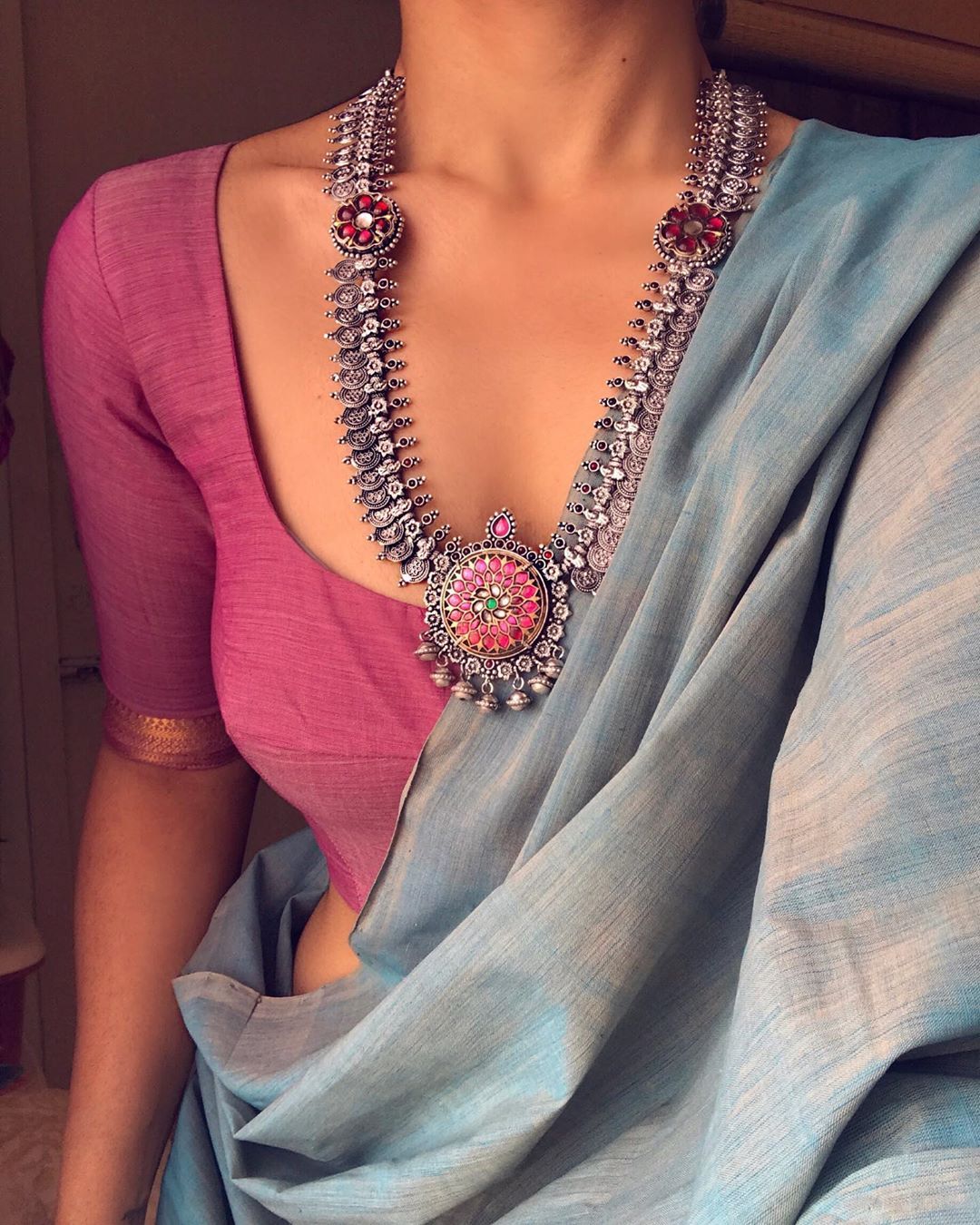 Blue saree Pink blouseOxidised silver necklace Blue saree Pink blouseOxidised silver necklace