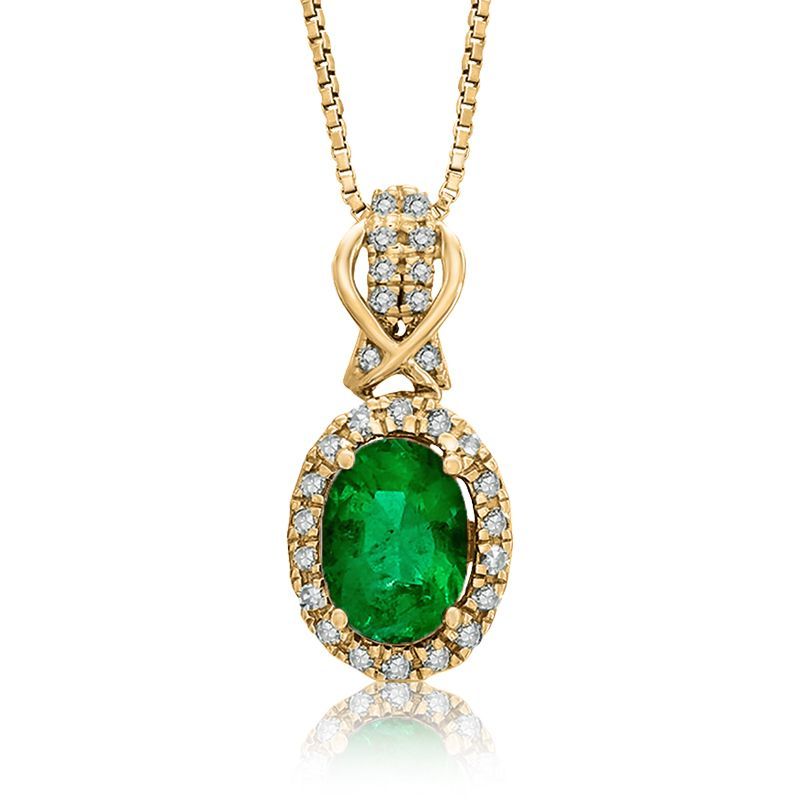 Emerald Diamond Halo Pendant In 10k Yellow Gold - Green Emerald Diamond Halo Pendant Emerald Diamond Halo Pendant In 10k Yellow Gold - Green Emerald Diamond Halo Pendant