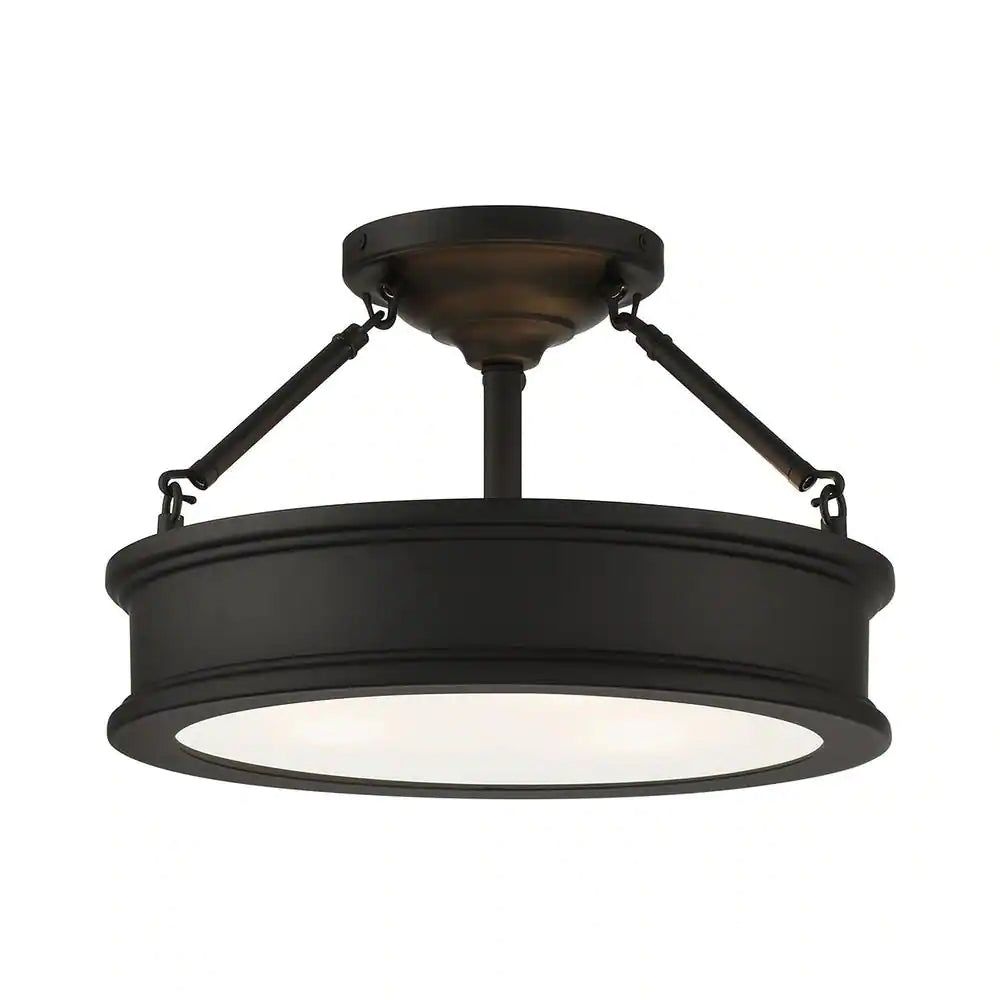{highlights}Update your decor with this sleek semi flush mount design from the Home Decorators Collection. Presenting a clean silhouette that needs little embellishment. Hook-and-rod supports join the drum-shaped shade to the canopy, all in a rich Hallmark Bronze finish. Subtly tiered edges add a touch of detail while below, a Clear outside Frosted inside glass provides a smooth wash of brilliant illumination. The tasteful, traditional design will complement the decor in any room. Steel construc Semi Flush Lighting, Semi Flush Ceiling Lights, Modern Ceiling Light, Flush Mount Ceiling, Flush Mount Kitchen Lighting, Black Flush Mount Light, Flush Mount Chandelier, Kitchen Lighting Fixtures Ceiling, Decor Lighting