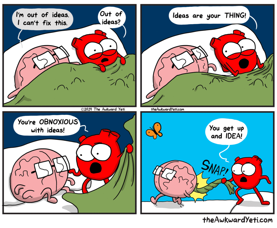 The Awkward Yeti by Nick Seluk for April 06, 2020 - GoComics Akward Yeti, The Awkward Yeti, Funny Qquotes, Funny Laugh, Hilarious Quotes, Cute Comics, Funny Comics, Heart And Brain Comic, Brain Meme