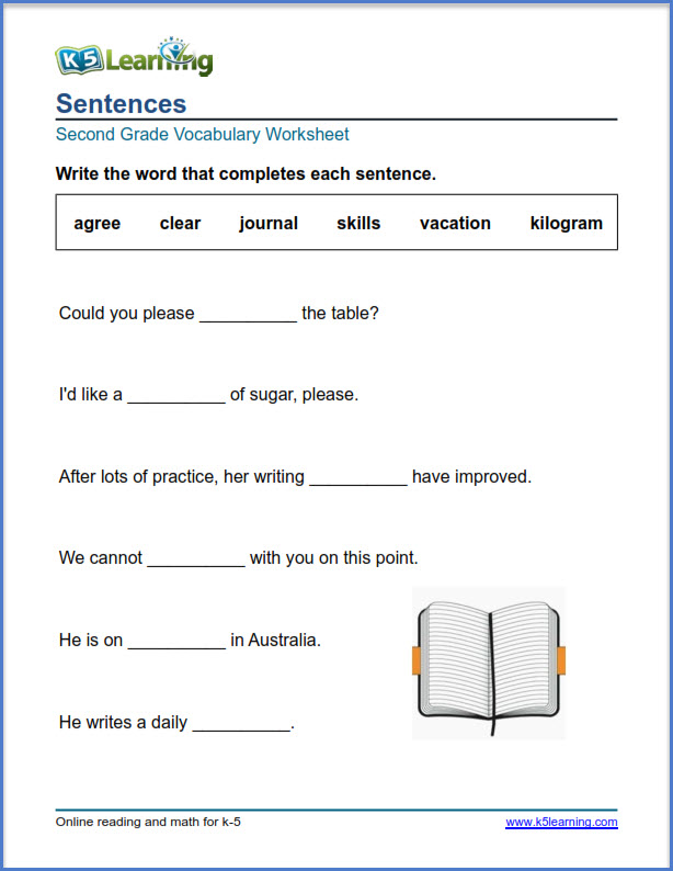 sentences worksheets for grade 2 k5 learning vocabulary worksheets