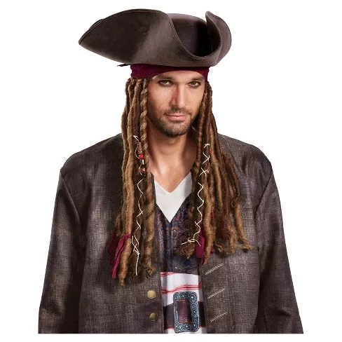 Adults Pirate Hat with Braids Beads Dreadlocks Fancy Dress Jack Sparrow New